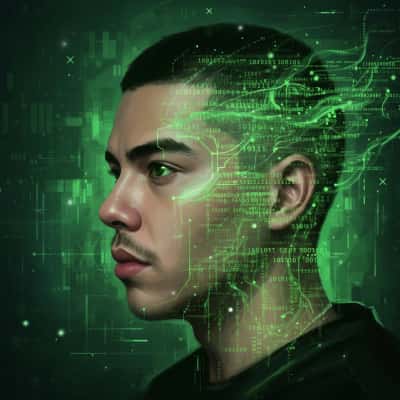 赛博朋克数字矩阵人像概念艺术 - 绿光代码融合创作