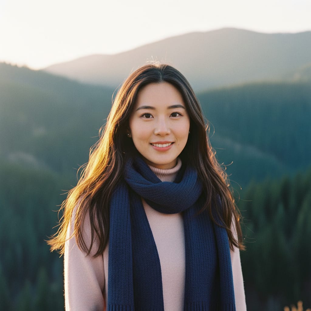 电影感亚洲女性肖像:柔和光晕与宁静氛围