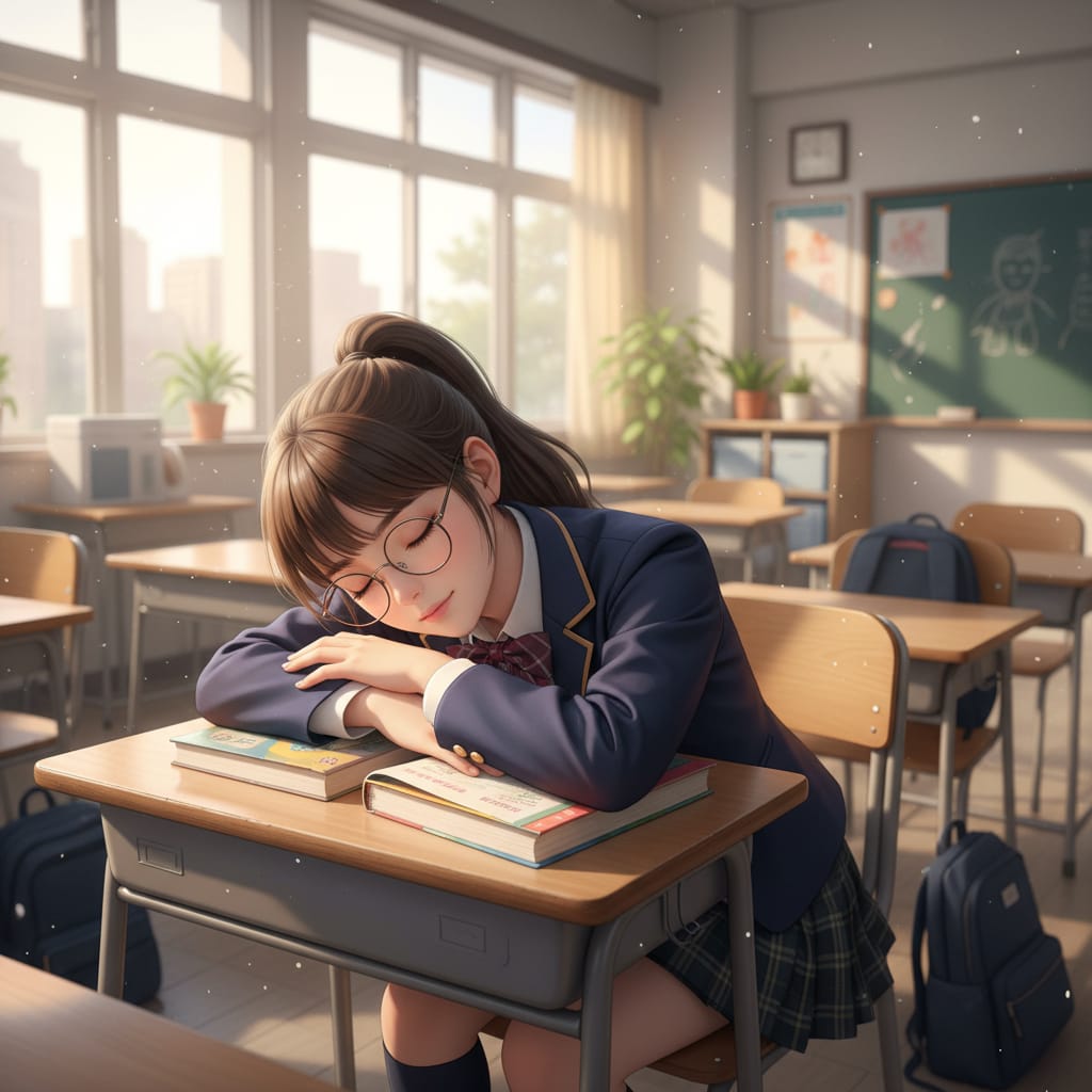 日系校园少女:课桌休憩与制服魅力