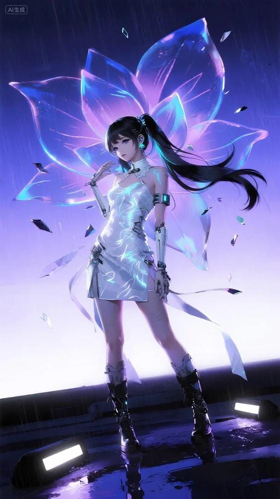 赛博朋克霓虹雨夜:未来少女光纤襦裙壁纸