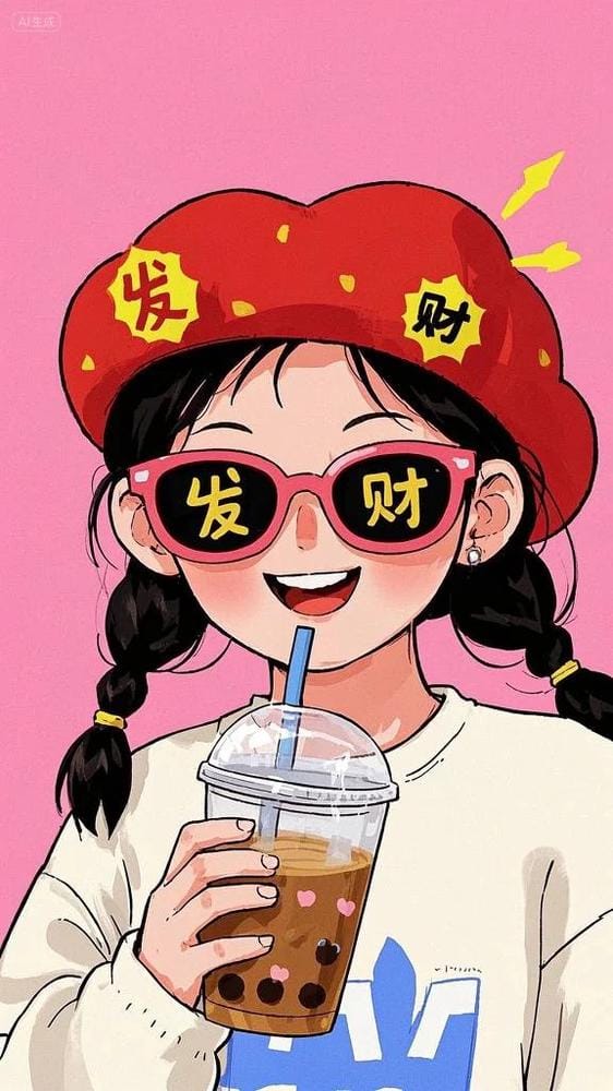 可爱卡通女孩:奶茶、墨镜与好运,社交媒体必备!