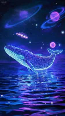 唯美蓝鲸：霓虹点线画与宇宙飞船