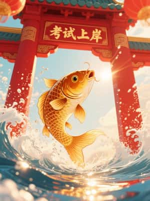 金鲤跃龙门：国风考试上岸好运图