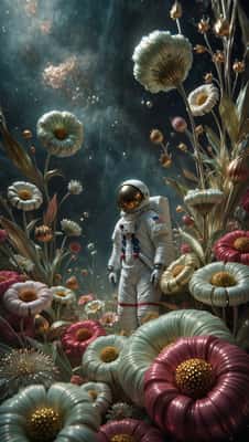 莫比斯风格宇航员：幻彩花海与暗黑超现实插画