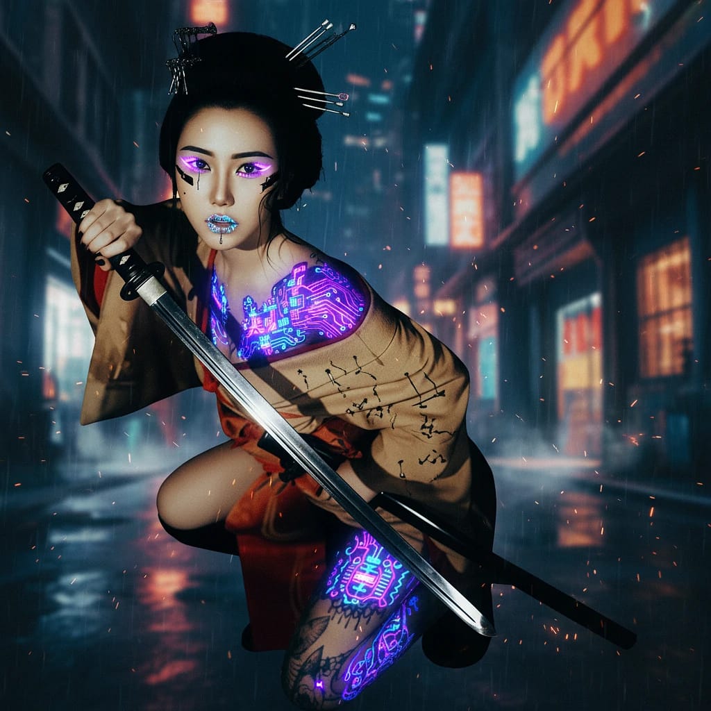 赛博朋克叛逆艺妓:霓虹纹身与武士刀的视觉盛宴