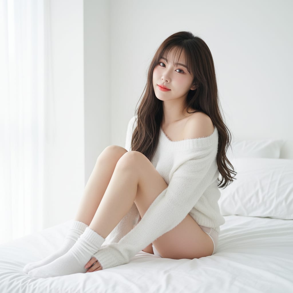 高调自然光感人像:东方女性卧室柔美写真