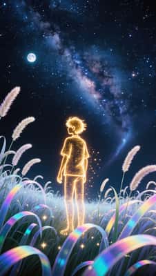 8K科幻奇幻：银河下的发光狗尾草与金色少年
