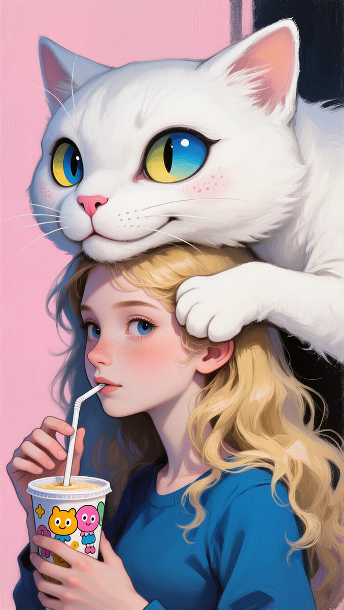 萌系巨猫少女油画插画