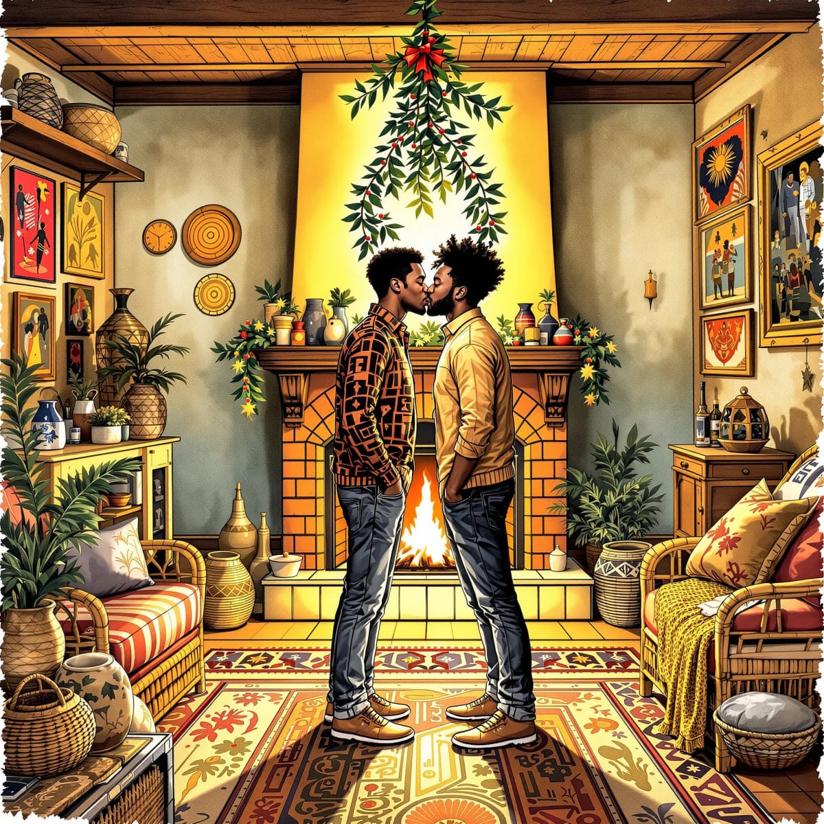 Afrocentric Romantic Ink Painting: Cozy New Year Couple Kiss