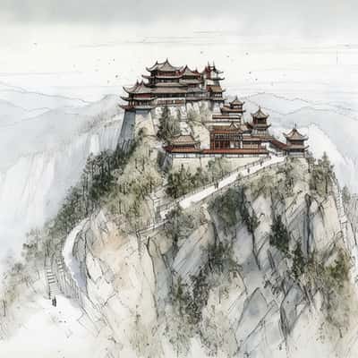 AI绘画指令：武当山建筑图
