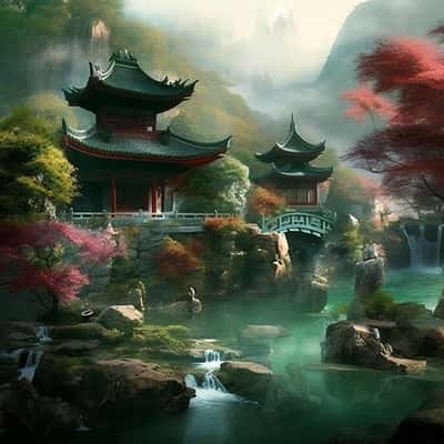 AI绘画提示词：江南风水奇幻建筑