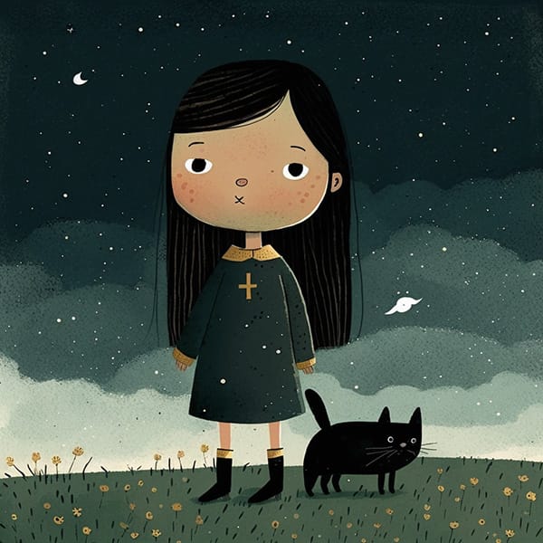 Oliver Jeffers风格插画:夜空下的女孩与猫