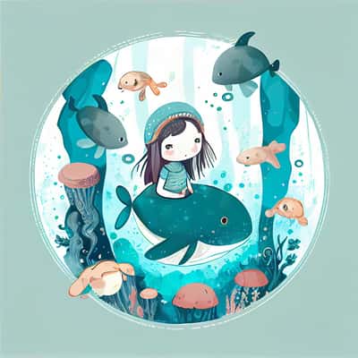 童趣海底：小女孩海豹嬉戏插画关键词