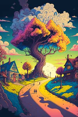 AI绘画提示词：梦幻村庄道路