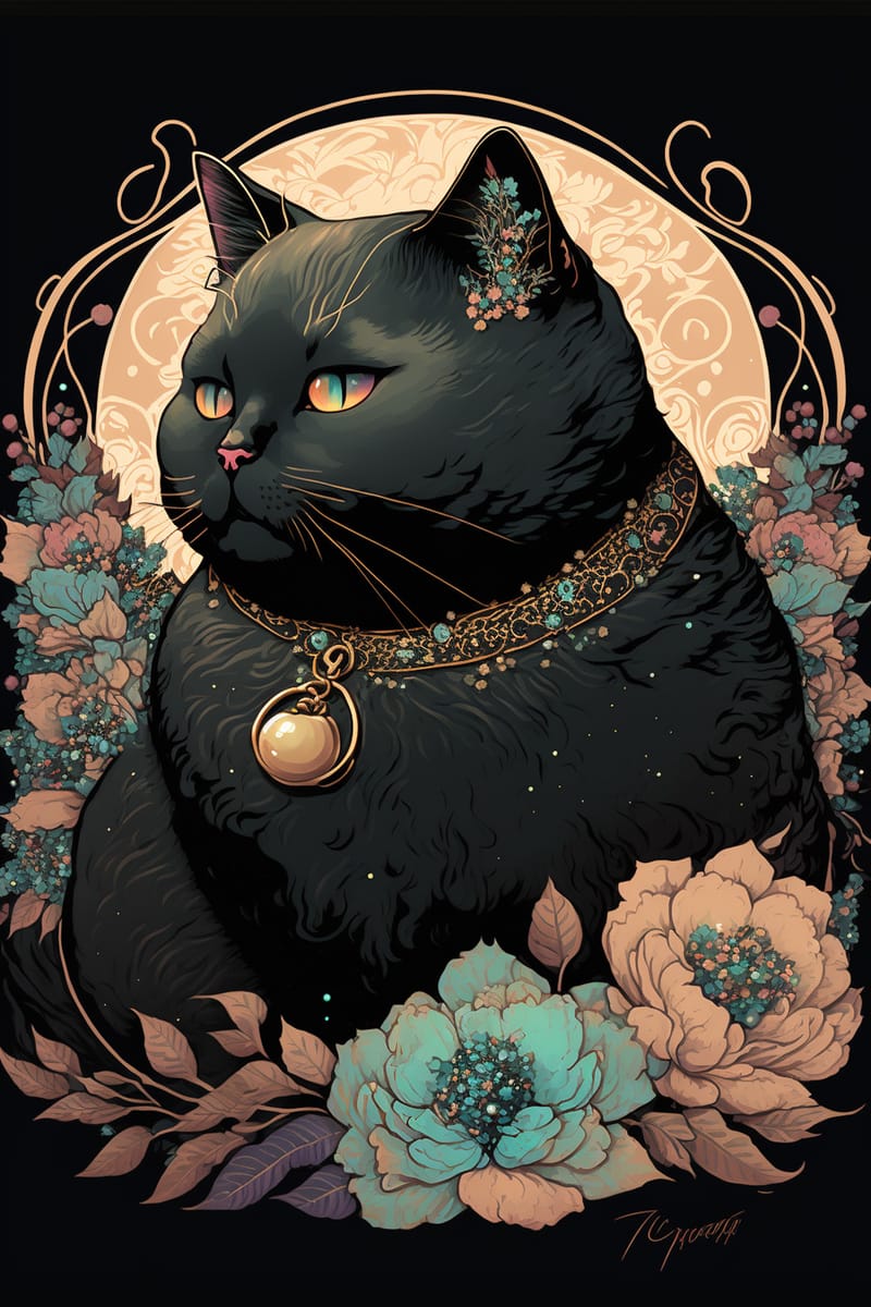 穆夏风格AI猫咪:黑色短发猫咪艺术提示词