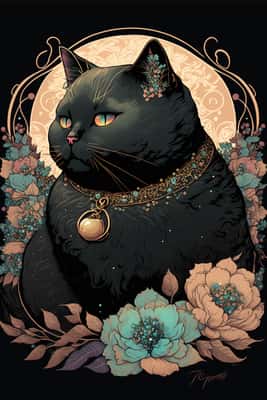 穆夏风格AI猫咪：黑色短发猫咪艺术提示词