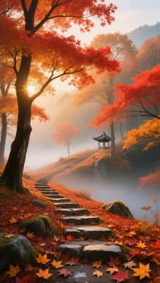 炽烈夕阳枫林：水墨油画融合的秋日梦境