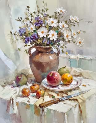 大师级厚涂油画：质感静物，花果餐具盛宴