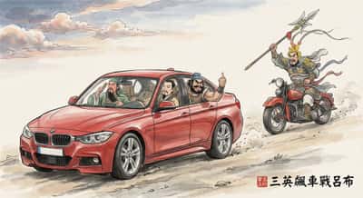 水墨幽默：三英飙车战吕布古风插画