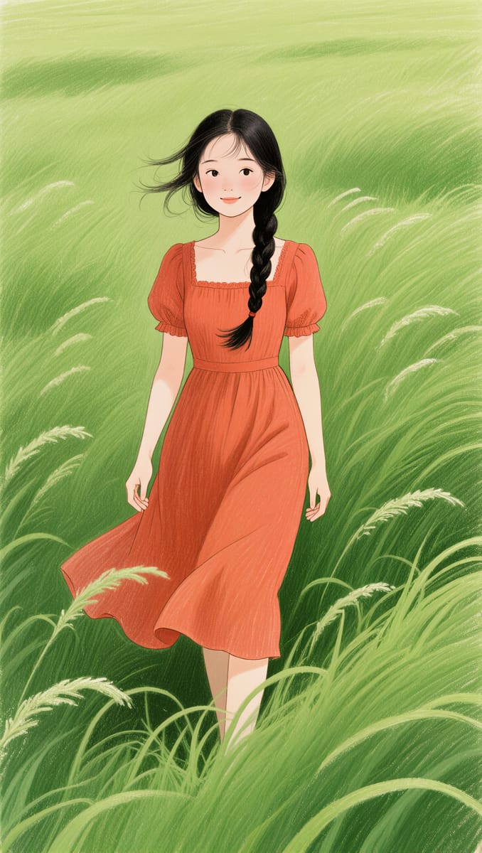 手绘复古风:少女、草地与微风共舞