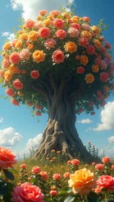 仰望梦幻魔法花树：超现实玫瑰瀑布