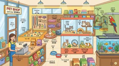 AI绘制宠物商店：场景细节与英语词汇标注