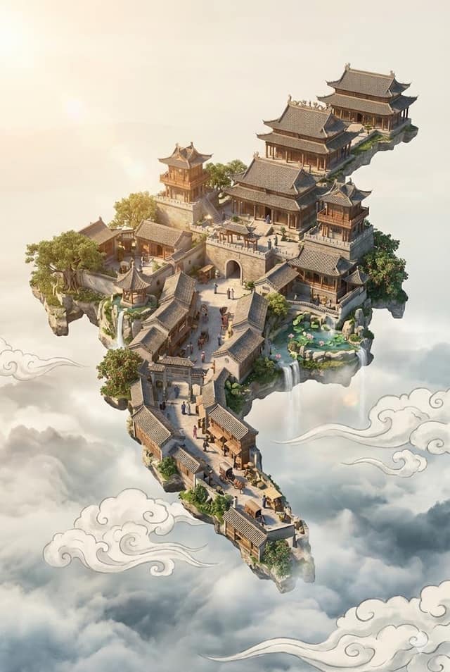 梦幻浮空城堡：中西合璧数字艺术海报