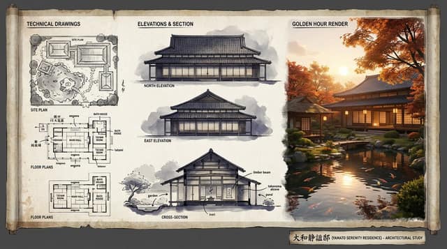 专业建筑插画展示板：风格化住宅渲染与图纸集
