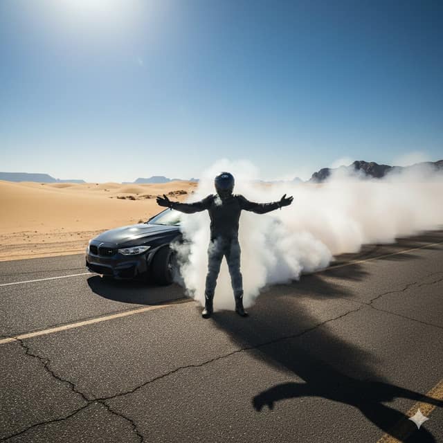 电影级沙漠漂移：黑骑士与BMW的史诗场景
