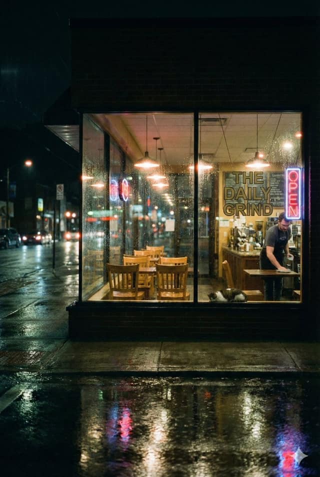 电影感雨夜咖啡馆：孤独与温暖场景生成