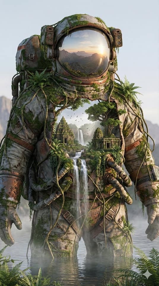 自然共生：科幻巨型宇航服内的生态奇观