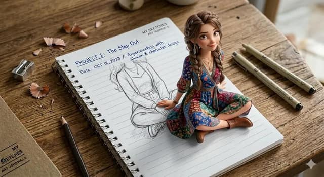 نمونهٔ 3D少女从笔记本跃出：虚实交错视错觉艺术