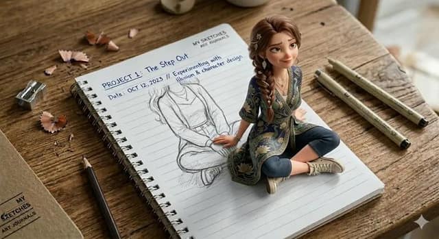 نمونهٔ 惊艳3D视错觉：女孩从笔记本中破纸而出