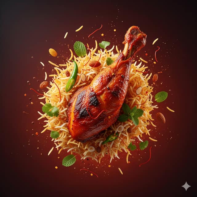نمونهٔ 超现实悬浮爆炸视觉：辣味鸡肉印度香饭