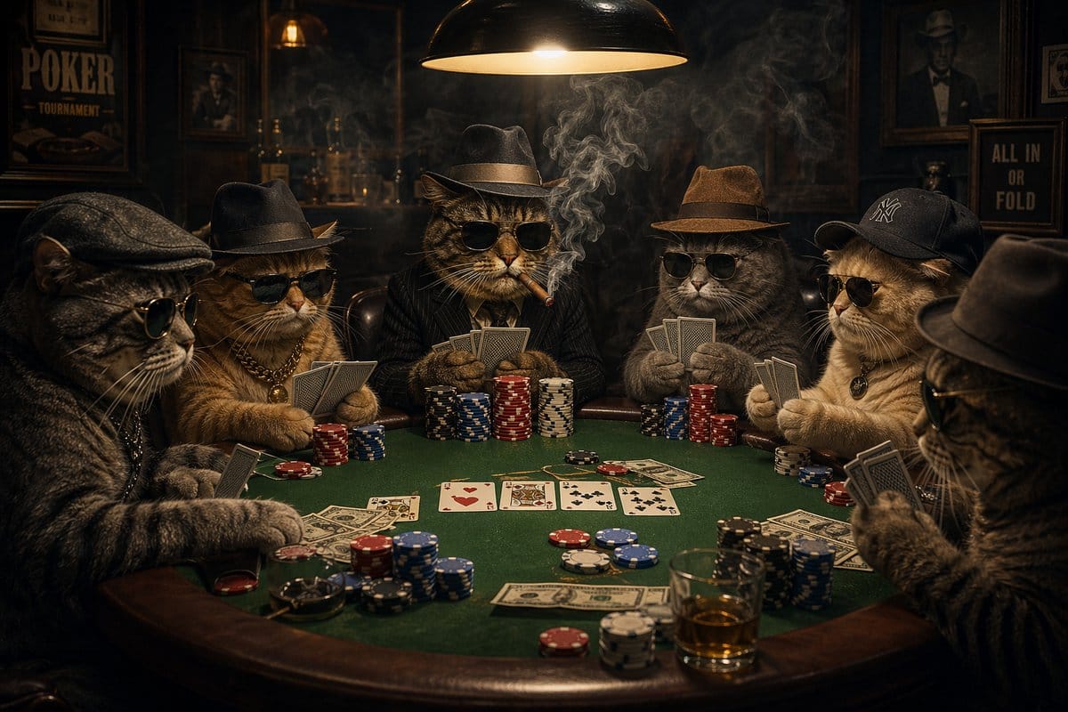 Gangster Cat Poker: Cinematic Anthropomorphic Cat Casino Scene