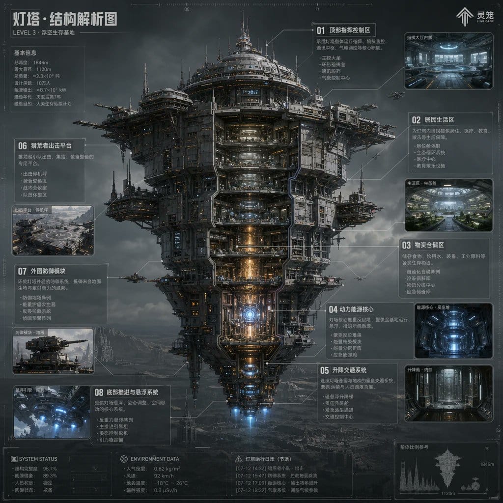 Sci-fi Lighthouse Structural Insights — Floating Fortress Profile Poster