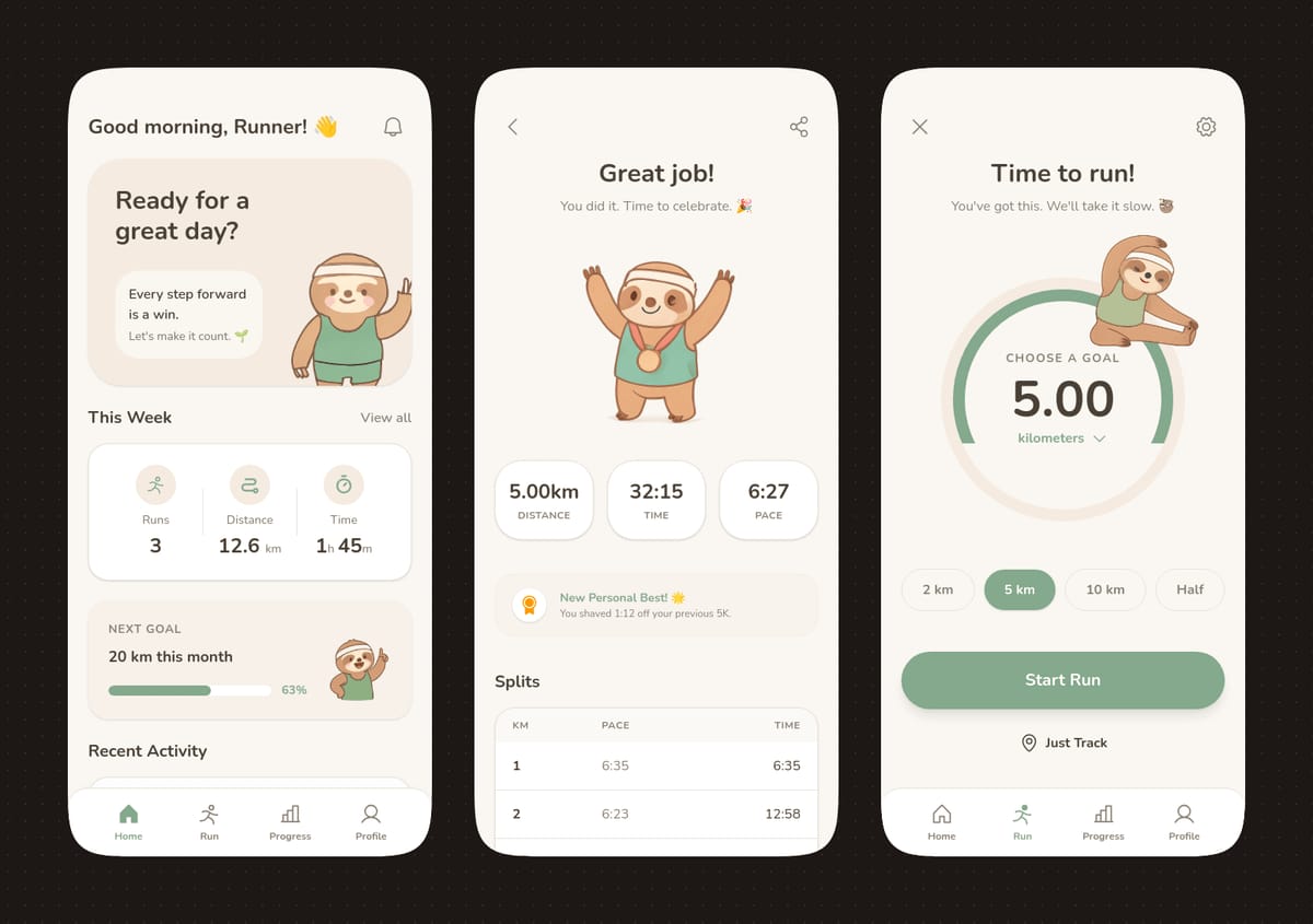 树懒吉祥物·柔和色调跑步App UI设计