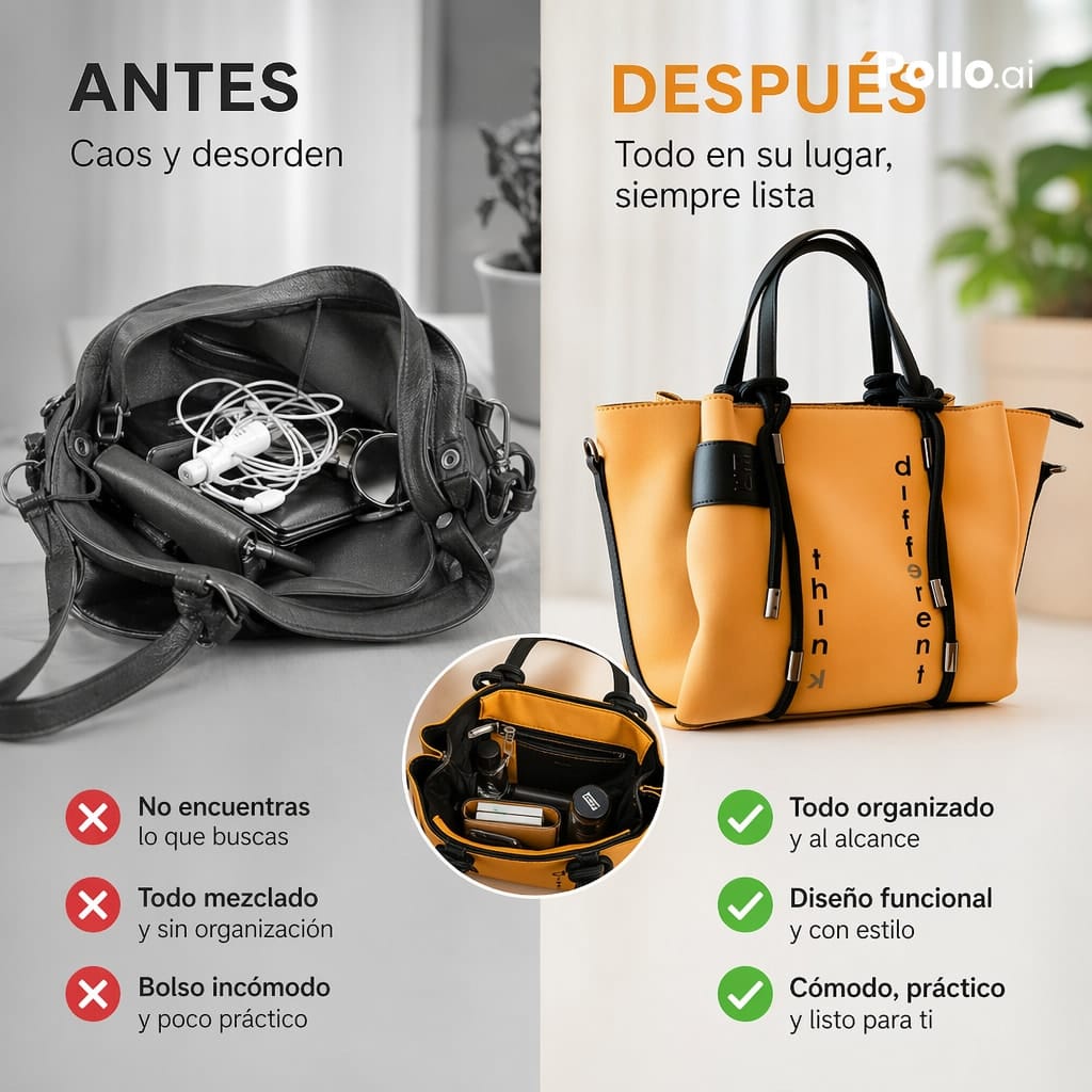 Comparative advertising of handbag before and after use | visual impact of order and chaos