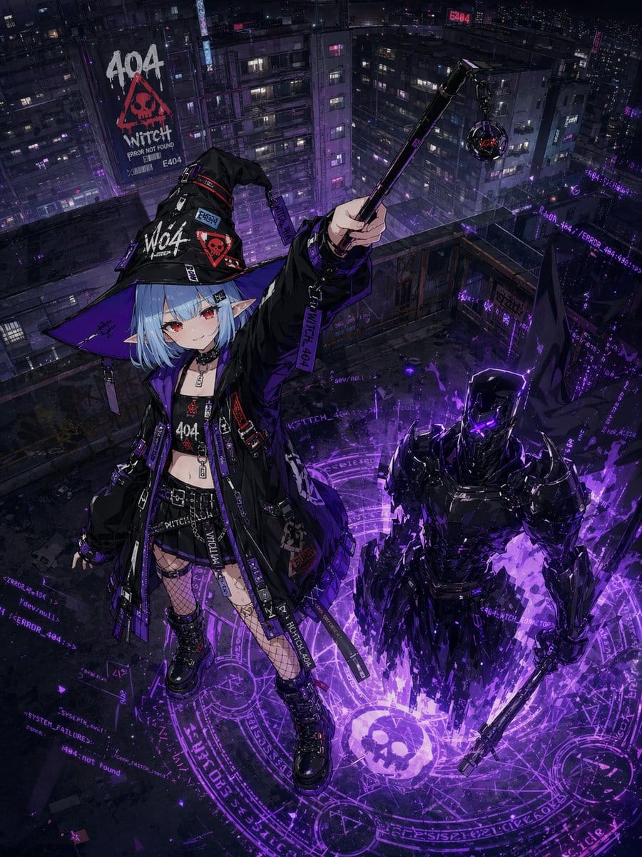 Cyberpunk 404 Witch Summoning | Future City Magic Illustration