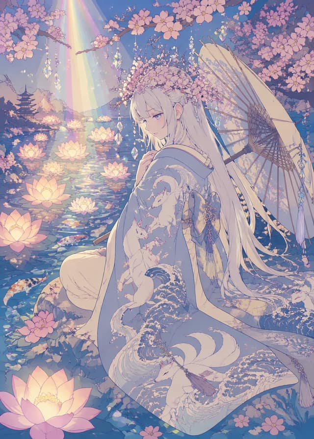 梦幻莲花池畔的和服少女 | 粉彩动漫插画Prompt