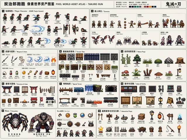 نمونهٔ 像素游戏资产图集模板 - 鬼灭之刃横版动作