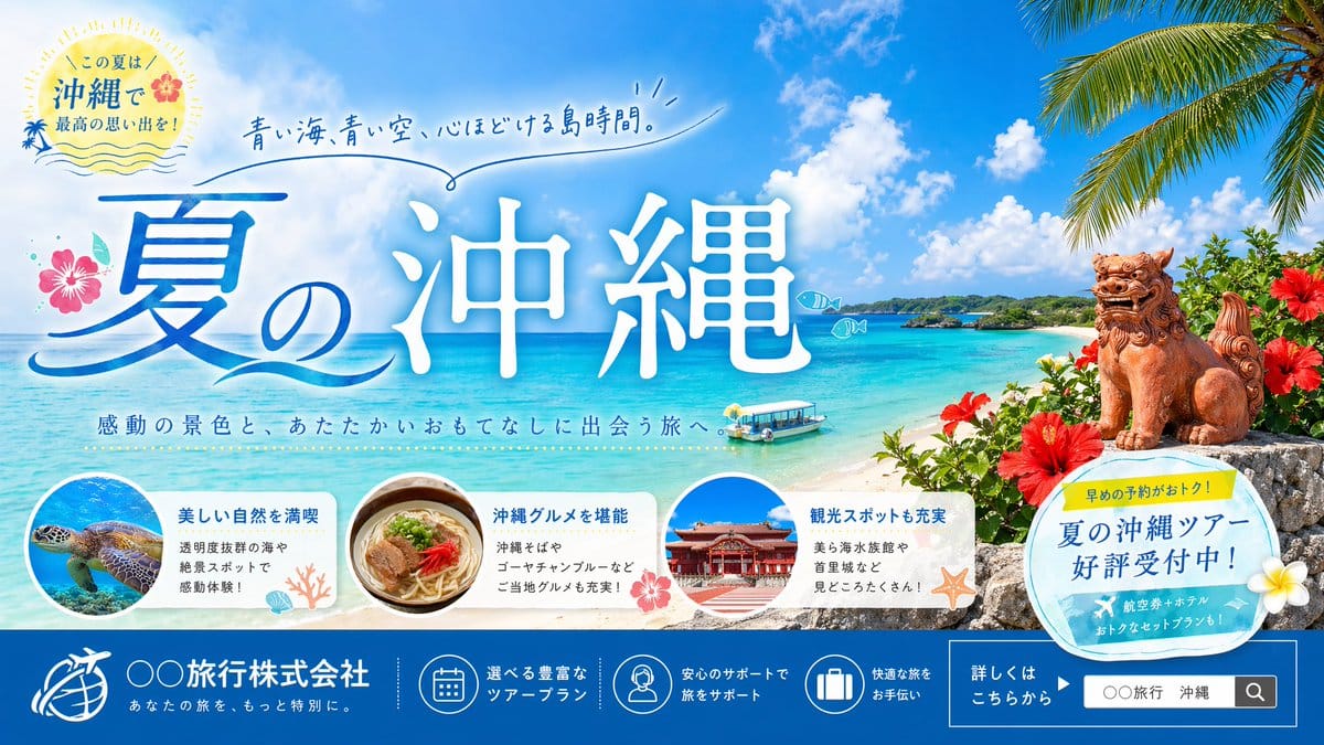 冲绳夏季旅游横幅 | 日式精美旅行促销海报提示词