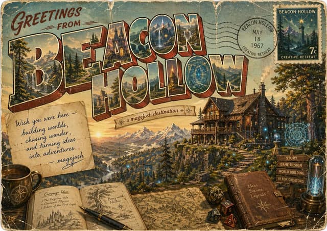نمونهٔ 复古奇幻明信片：Beacon Hollow 创意之旅
