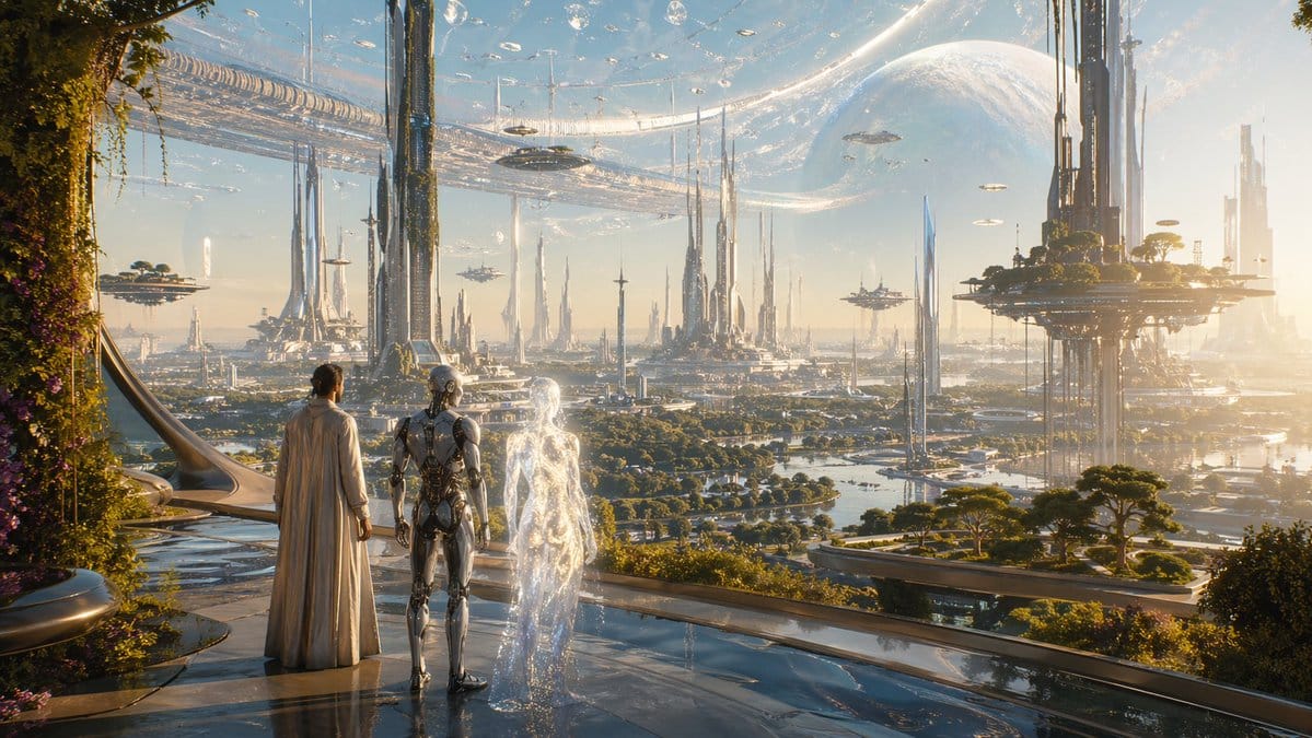 [AI Painting] Ancient Future City·Transparent Humanoid | Sci-Fi Cityscape Prompt Words