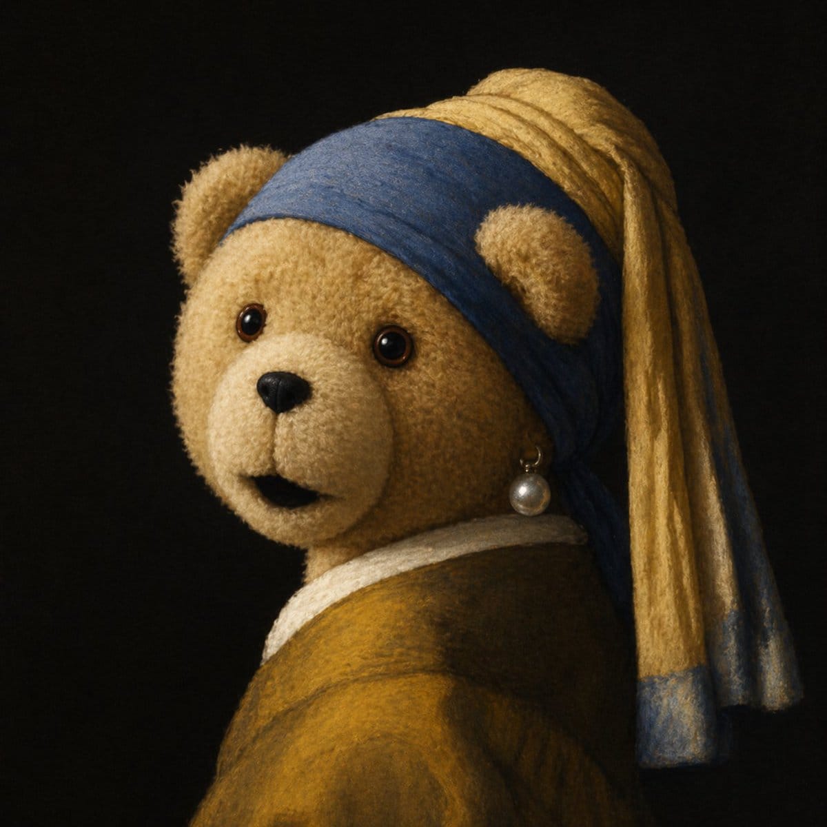 Teddy Bear with Pearl Earrings: Classical Oil Painting Style Portrait