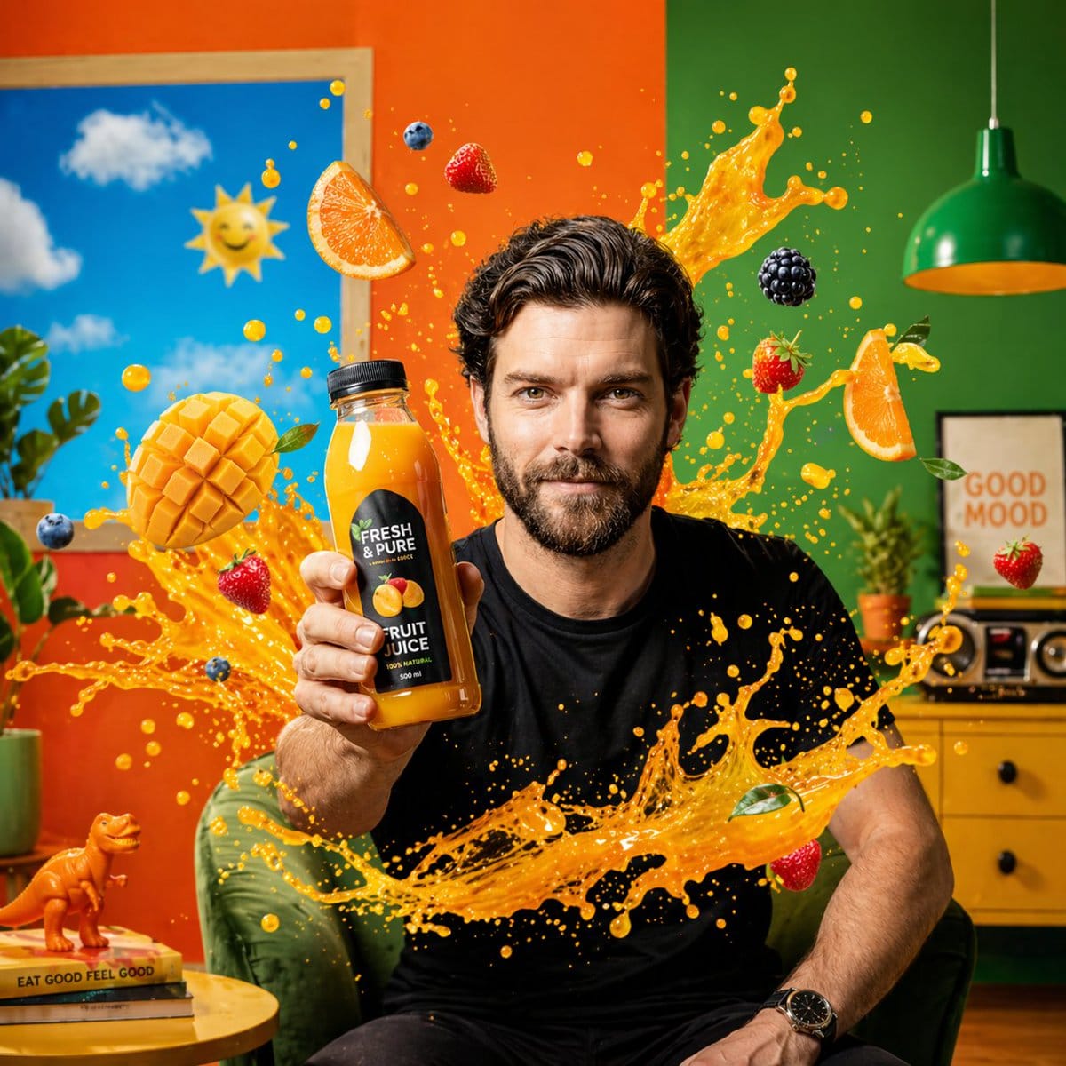 Vibrant Juice Advertising Photoshoot - Splash Fruit & Cinematic Lighting