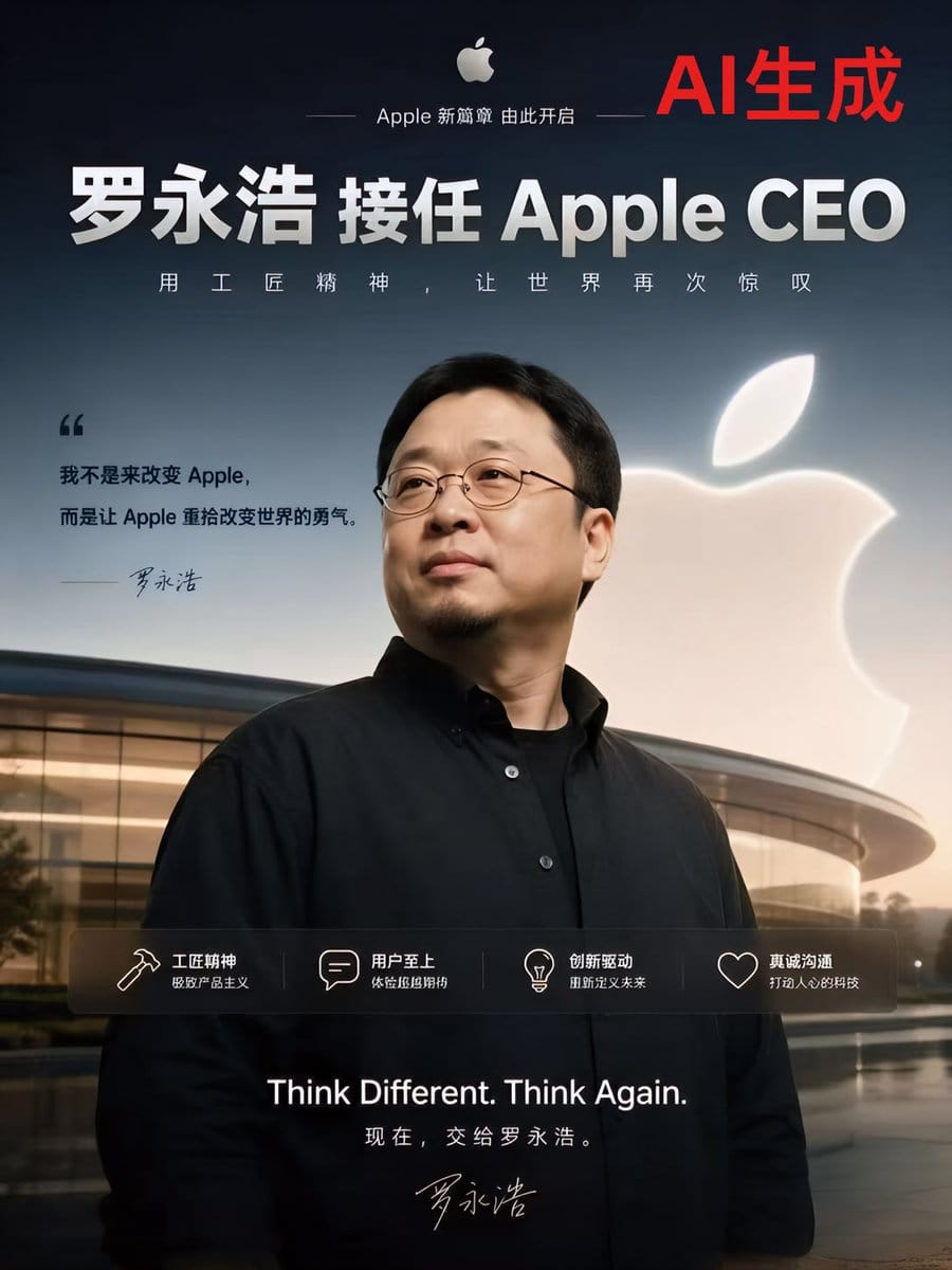 Luo Yonghao succeeds Apple CEO: AI Generation Technology Announcement Poster