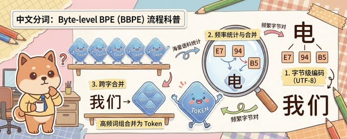 柴犬手绘信息图:Byte-level BPE分词原理科普
