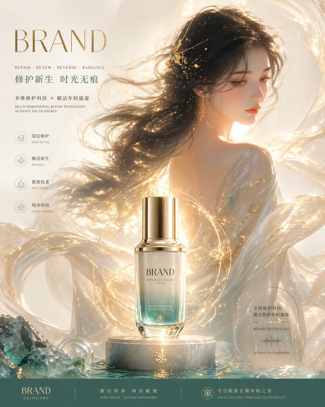 نمونهٔ 极简东方奢华·高端护肤品牌KV海报生成
