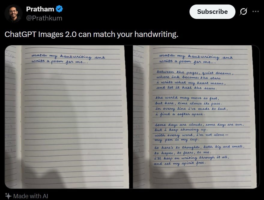 Tweet screenshot: handwriting matching effect display
